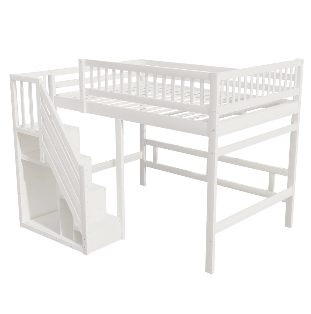 Letto singolo rialzato 140x200 cm in legno con scala contenitore; sponde alte; bianco