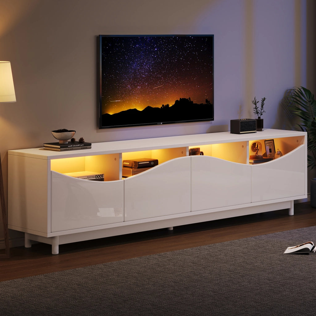 Mobile porta TV curvo con LED, ante a pressione, MDF e vetro temperato, bianco 175 × 38 × 51 cm