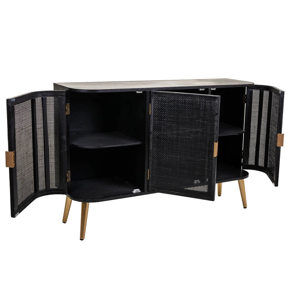 Credenza in legno laccato nero e griglia 118x37x80h