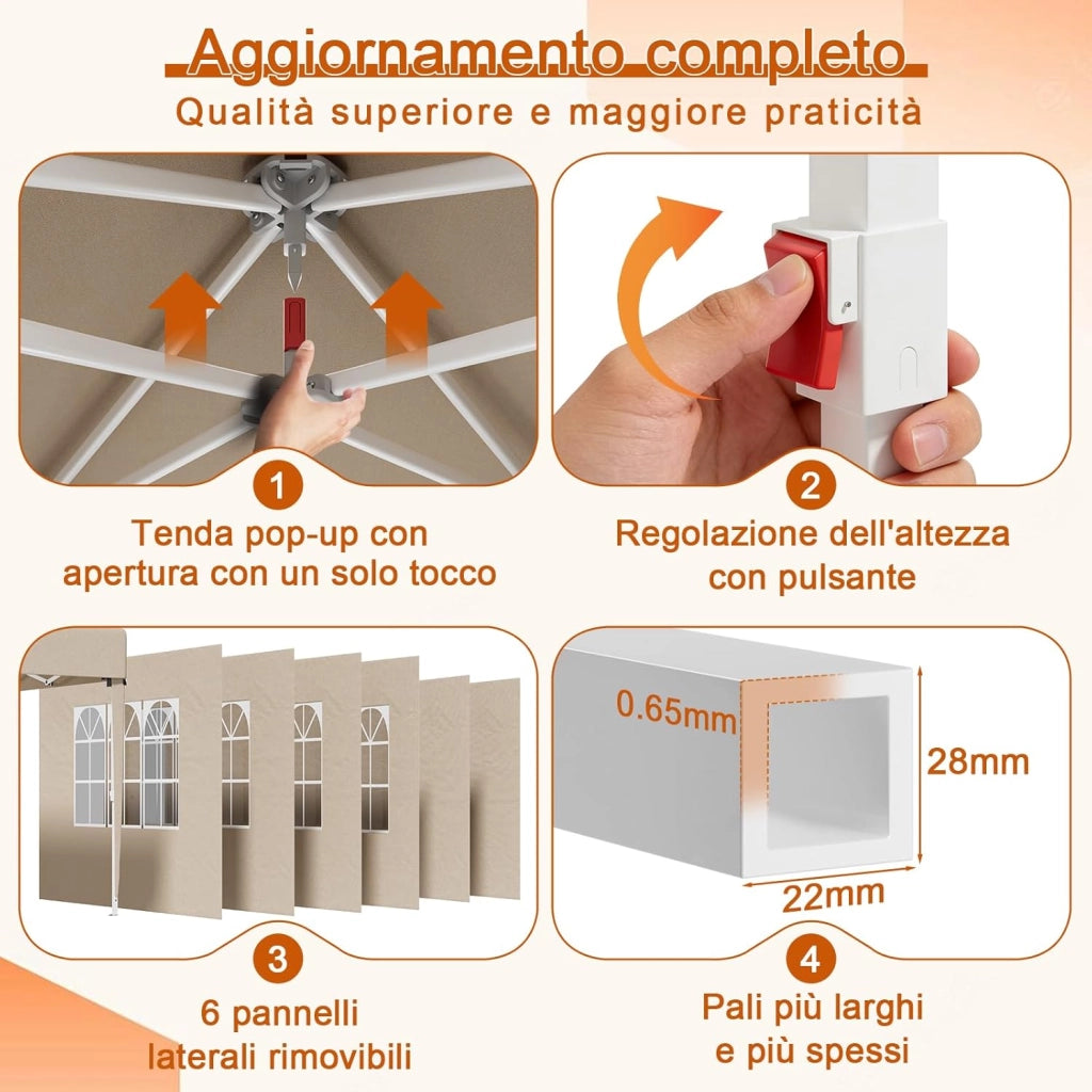 Gazebo 3x6 Pieghevole Impermeabile, Tenda Pop Up Pieghevole con 6 Pareti Rimovibili, Gazebo Pieghevole con 3 Altezze Regolabili Protezione UV 50+ per Giardino, Terrazza, Campeggio (Beige)