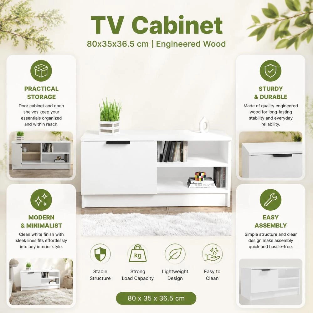 TV Cabinet, White, 80x35x36.5 Cm, Wood-based Material