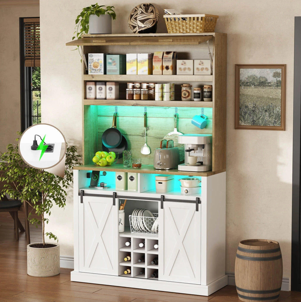 Credenza cucina con LED RGB e vetrina 110x40x191 cm; in MDF bianco naturale