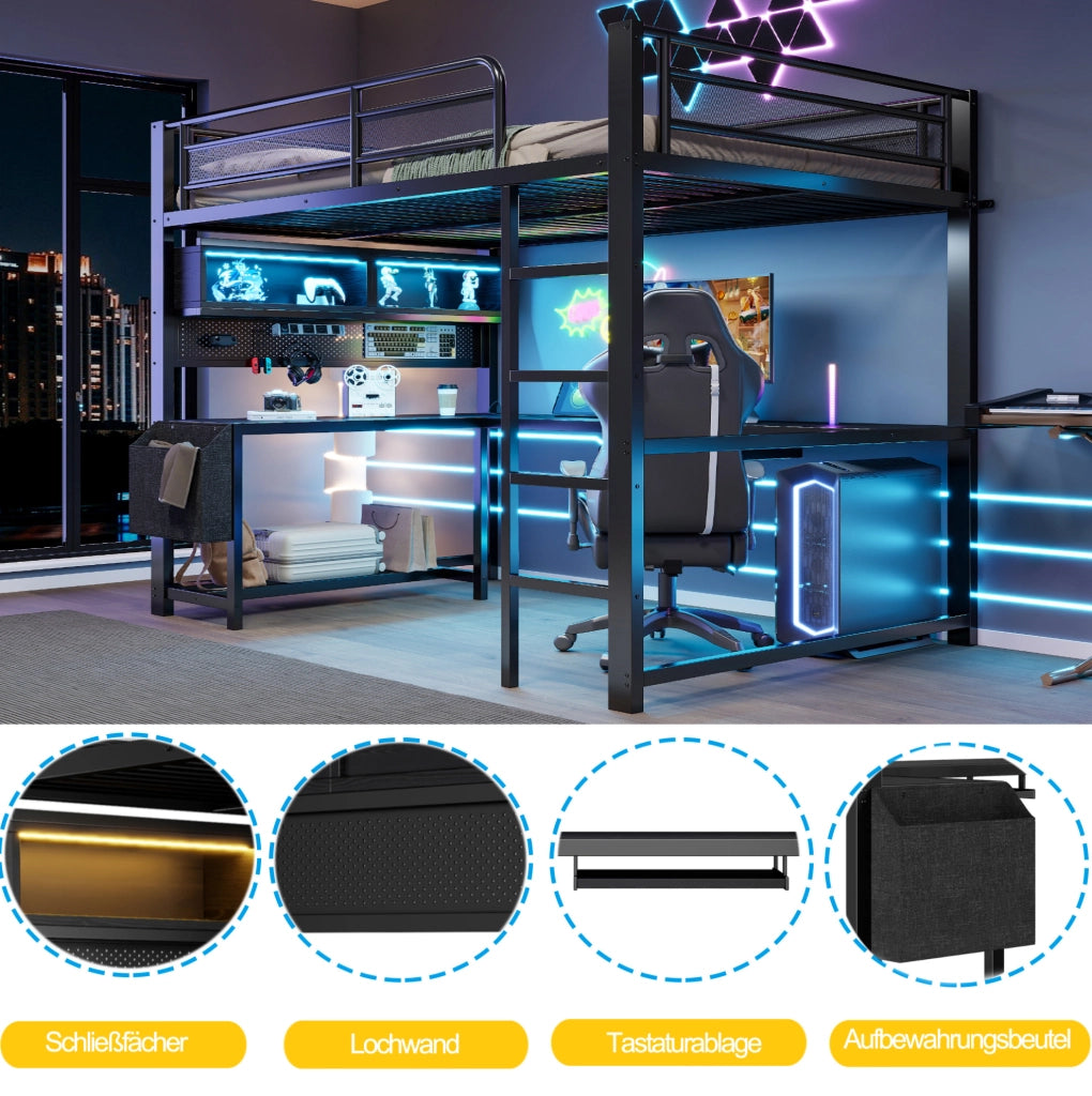 Letto a soppalco gaming 140x200 cm con scrivania e LED
