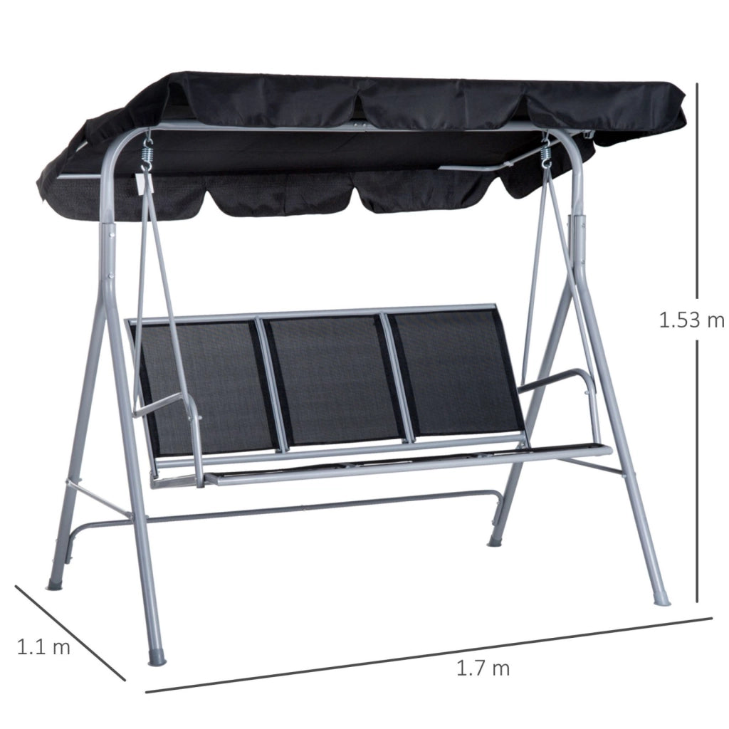 EasyComfort Dondolo da Giardino a 3 Posti in Metallo, Tetto Parasole Rimovibile e Lavabile, Nero e Argento, 171x108x150cm