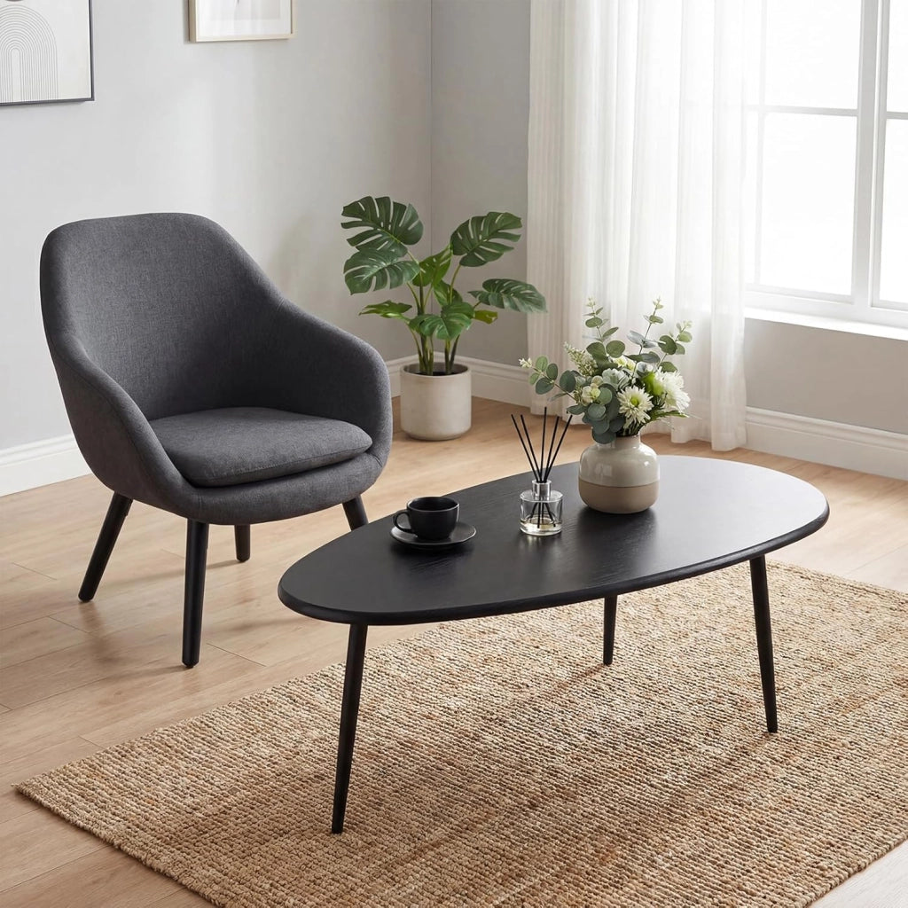 Tavolino da Caffè Mid-Century Moderno, Tavolino d'Accento Ovale Irregolare con Gambe in Metallo, Tavolino Compatto per Soggiorno, Ufficio Domestico, Angolo Lettura, Facile da Montare (Nero)