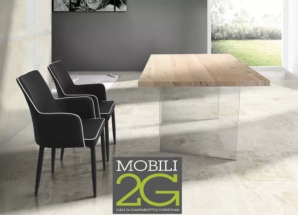 Tavolo fisso in legno rovere impiallacciato 180x90  spessore 4 cm e gambe in vetro (813) - Mobili 2G