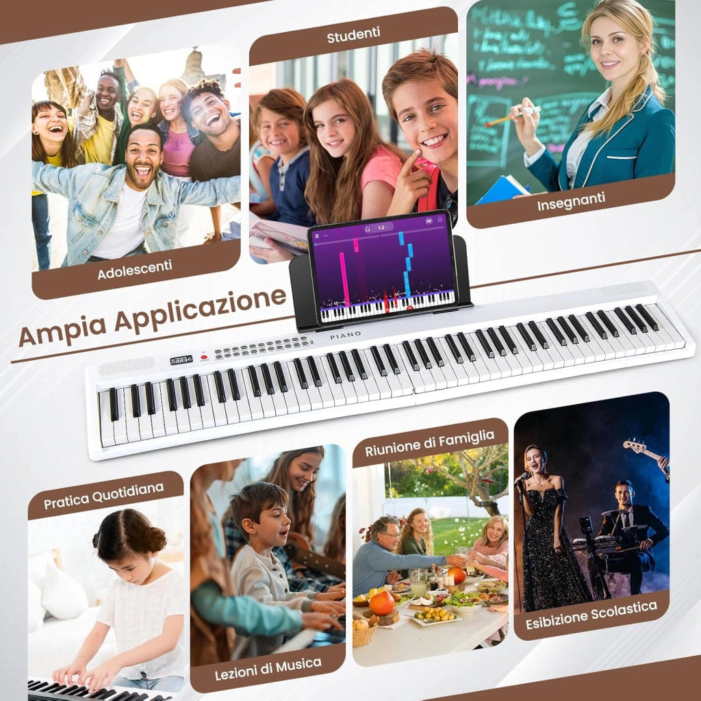 Pianoforte Elettronico Pieghevole a 88 Tasti, Piano Digitale con MIDI, 1000 Ritmi, 1000 Timbri, 150 Canzoni Demo, Registrazione, Batteria e Borsa da Trasporto per Bambini (Bianco)