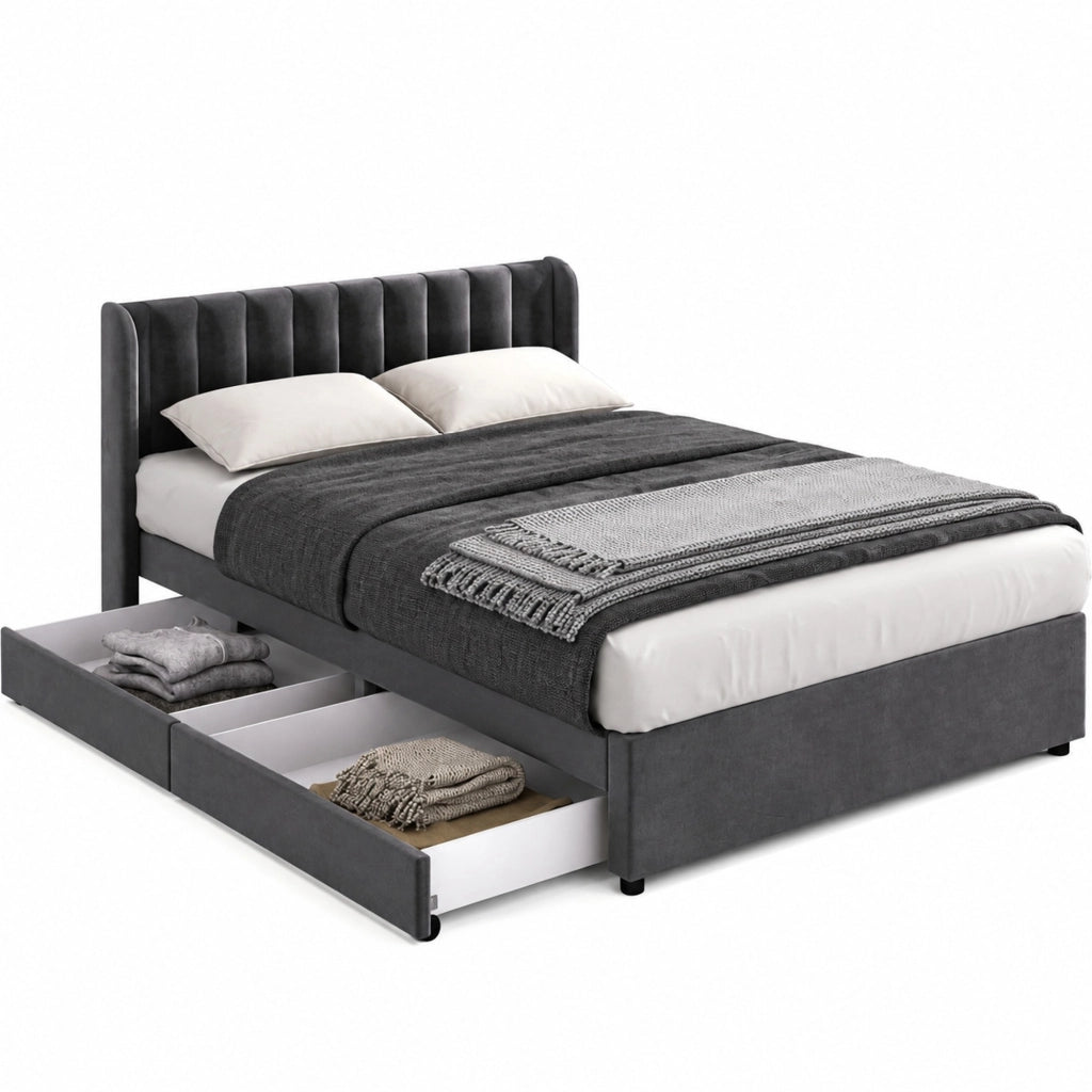 Letto matrimoniale in velluto grigio 140x200 cm con 2 cassetti e rete a doghe