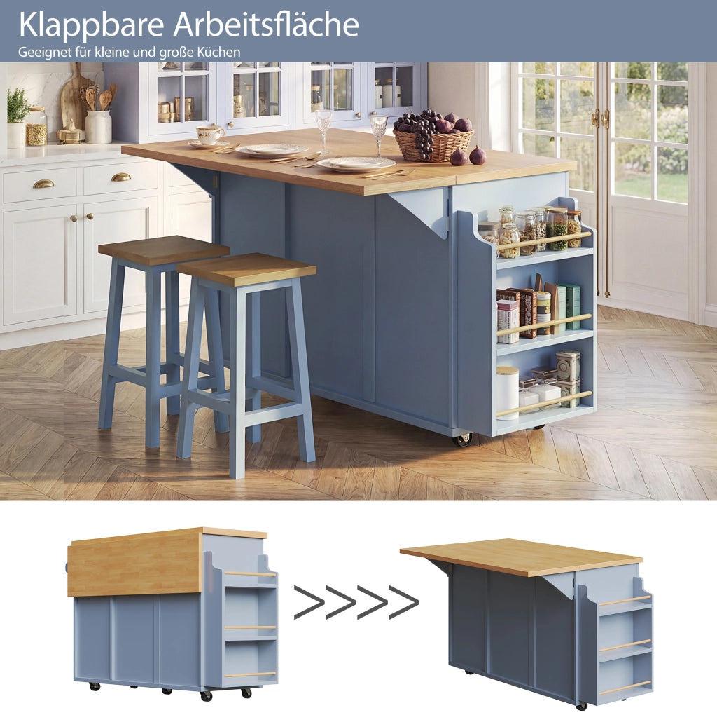 Carrello da cucina blu con piano pieghevole e portabottiglie