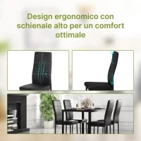 Set 5 Pezzi con 1 Tavolo e 4 Sedie per Cucina o Sala da Pranzo in Finta Pelle, Metallo e Vetro Temperato, Nero