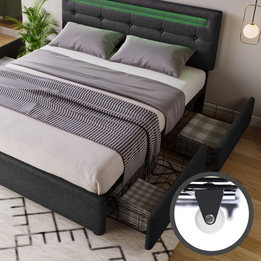 Letto con 4 Cassetti 140 x 200 cm; Matrimoniale; Testiera Regolabile e LED; senza Materasso; Grigio