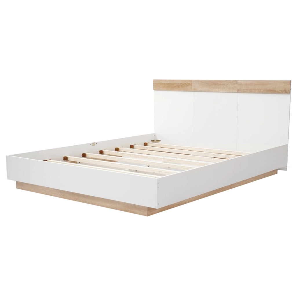 Letto matrimoniale 160x200 cm con testiera e rete a doghe; legno bianco e rovere Sonoma