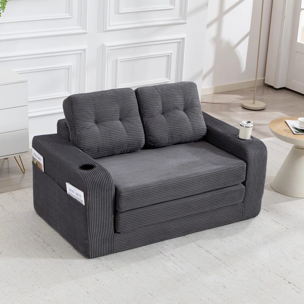 Divano 2 Posti in Tessuto a Coste con Cuscini Trapuntati e Tasche Laterali ¨C MINIMAL ¨C Grigio