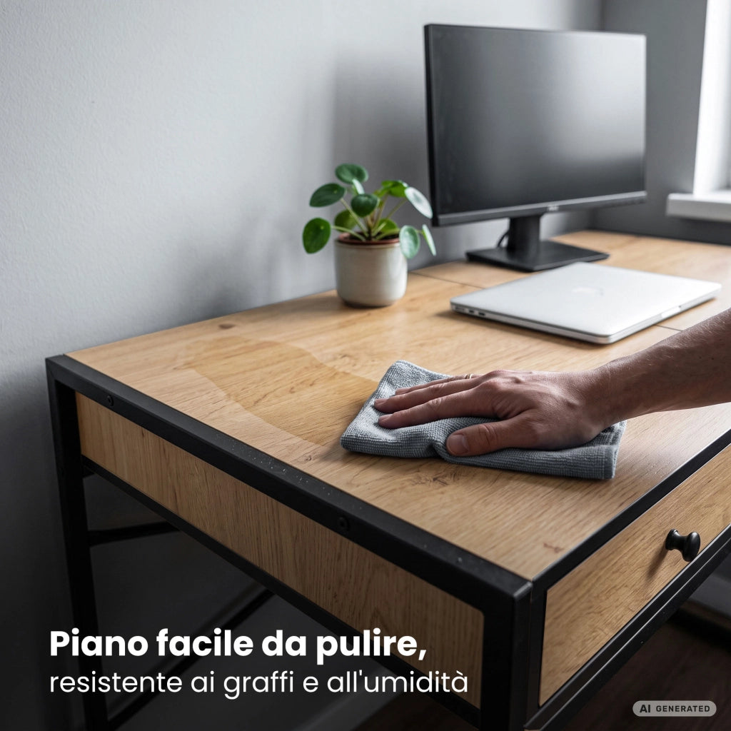 Scrivania industriale per computer Rovere Craft ELONIS 123 cm 2 cassetti 1 ripiano gambe nere