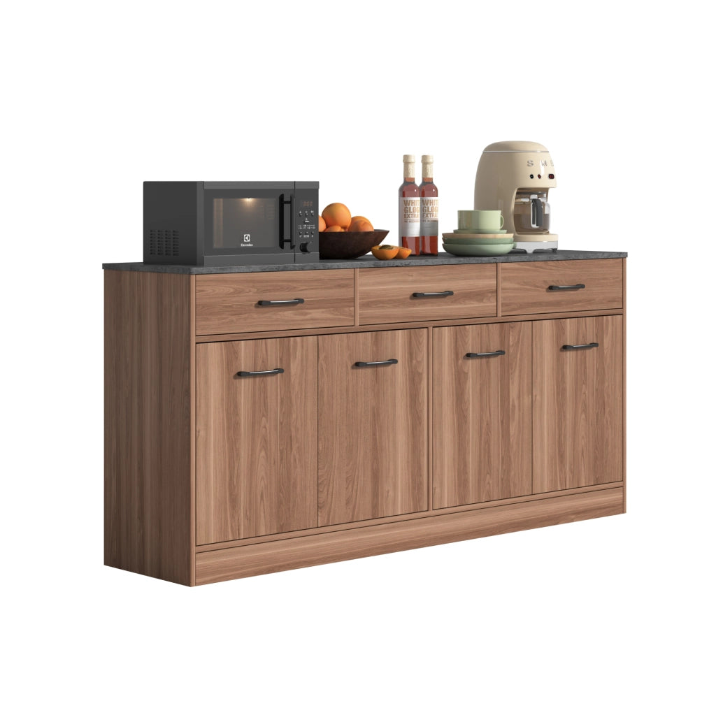 Credenza da cucina con 3 cassetti e ripiani regolabili; MDF colore noce