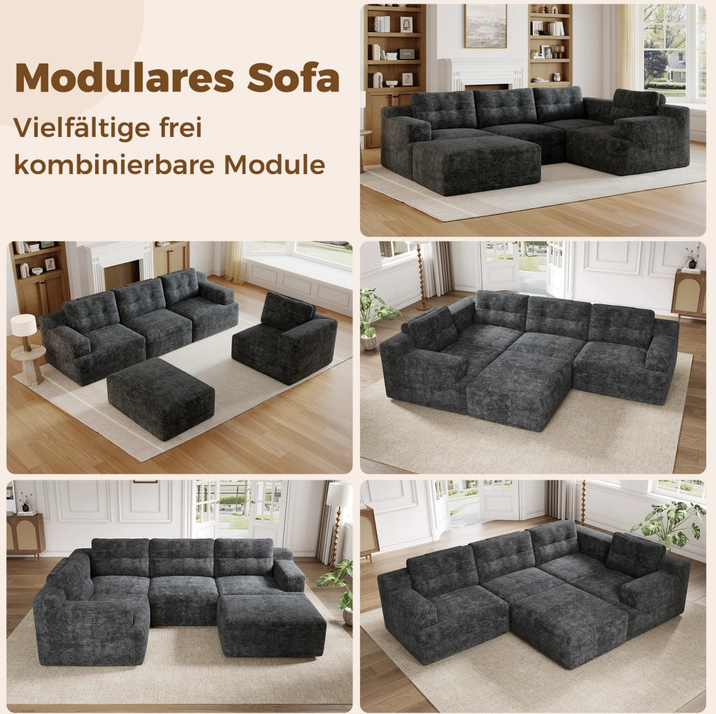 Divano modulare 5-6 posti in ciniglia grigio con pouf