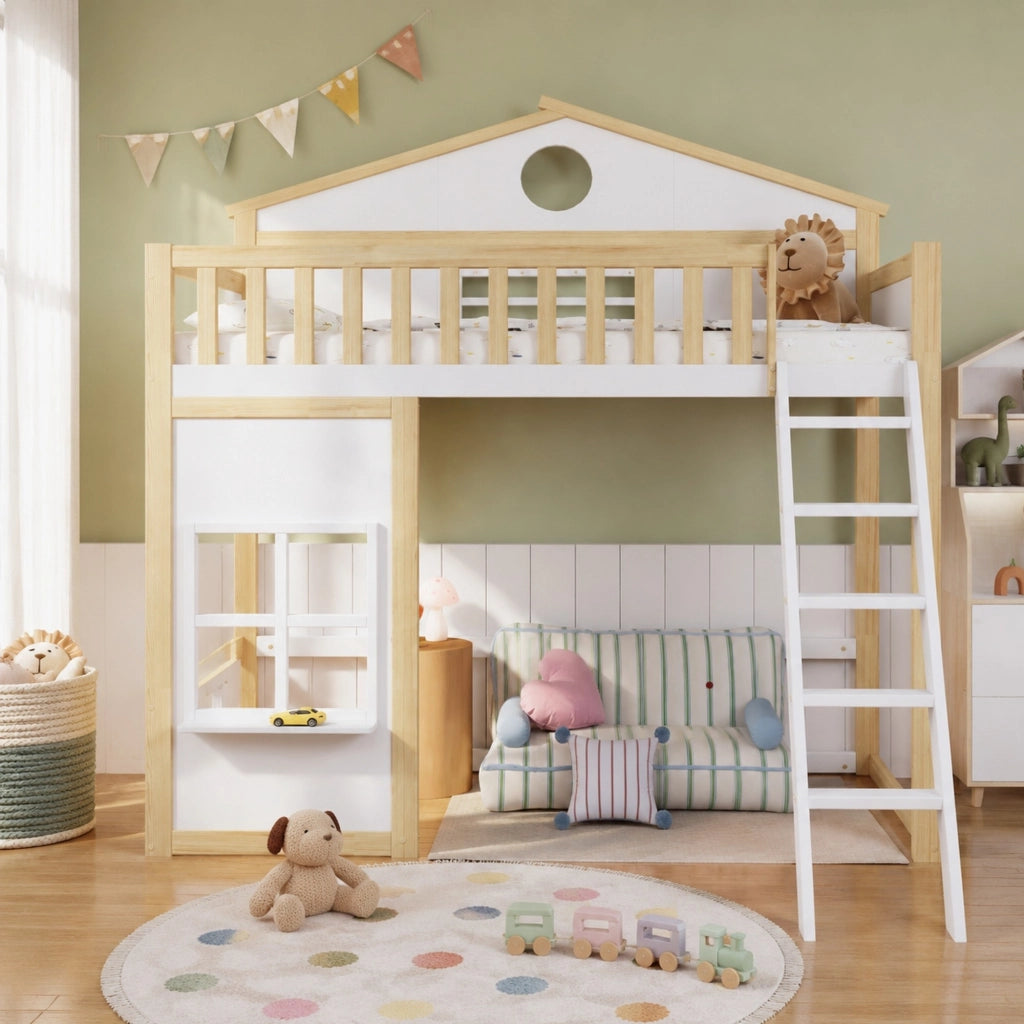 Letto a castello a casetta 90x200 cm bianco e naturale