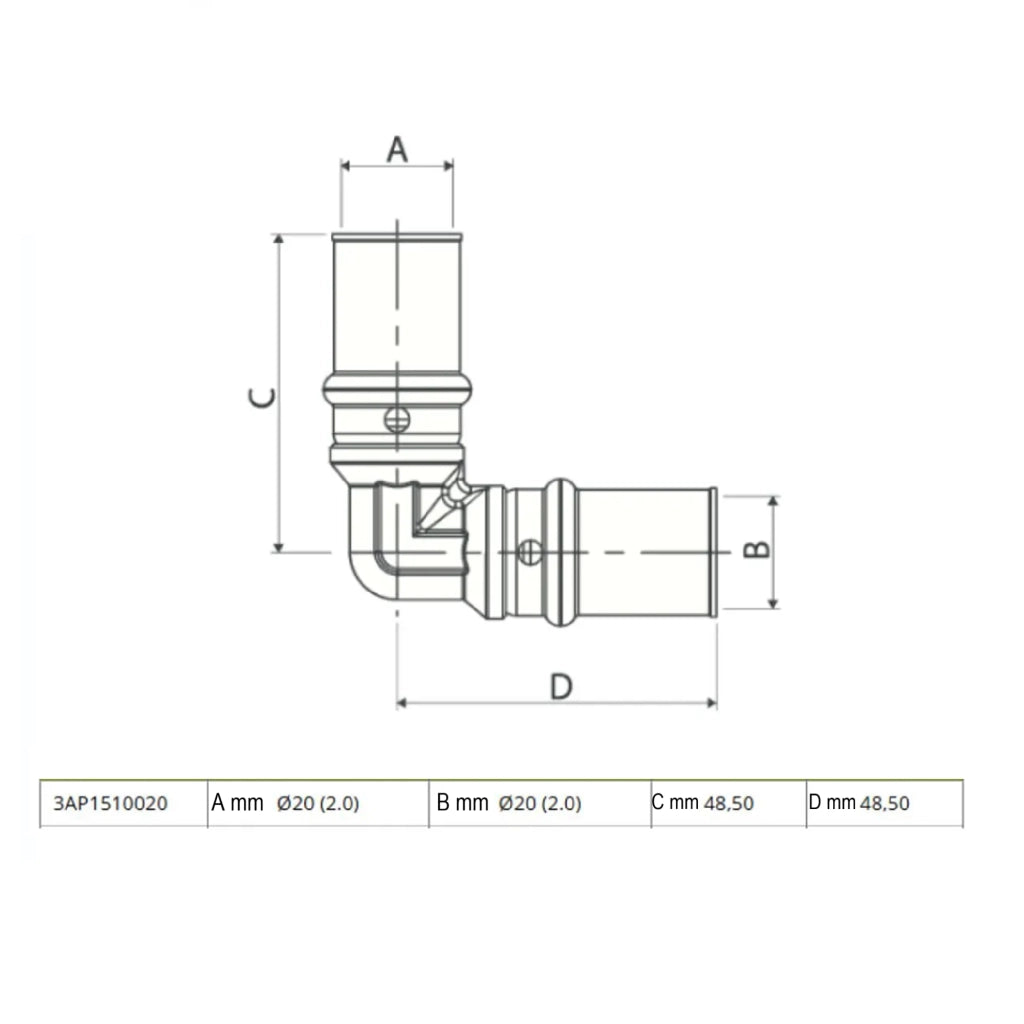 Raccordo a pressare curvo D.20x20 3AP1510020 per multistrato
