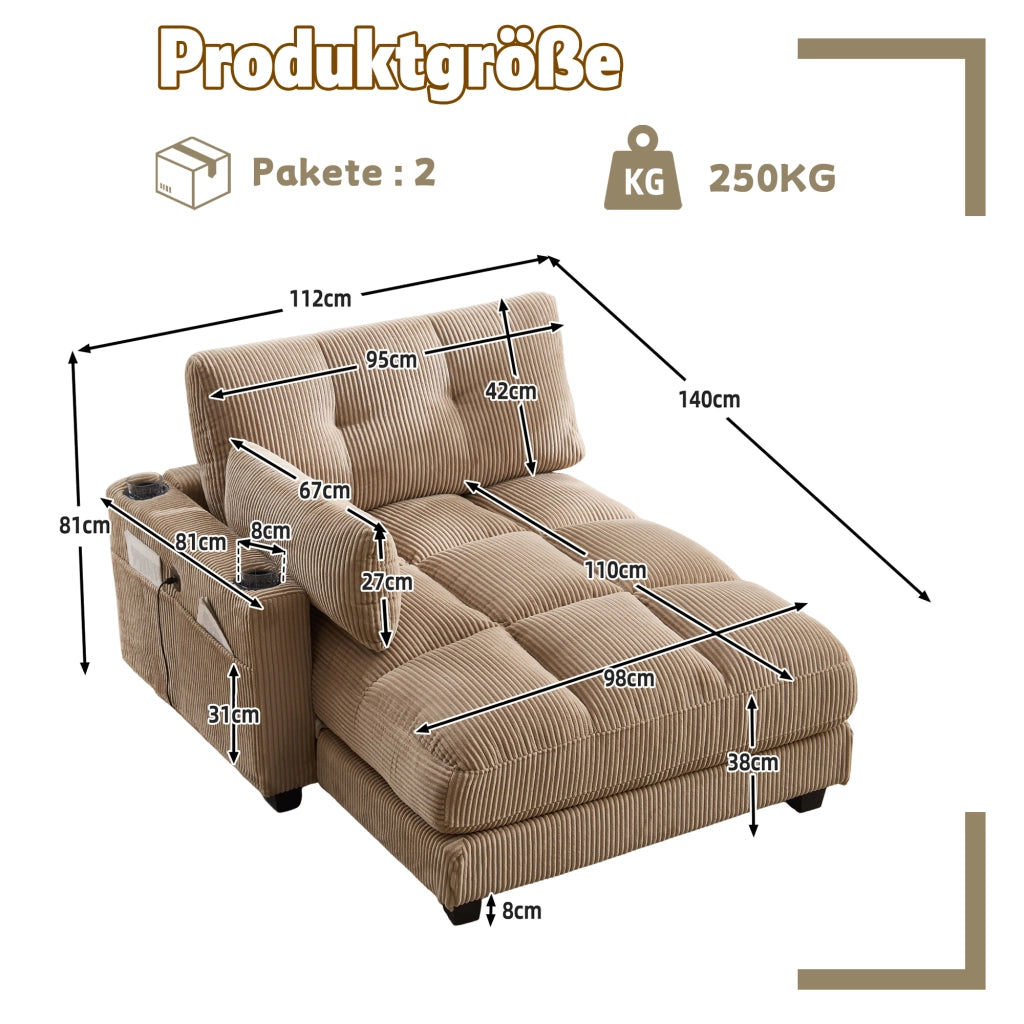 Poltrona Relax Con Poggiatesta Regolabile; Portabicchieri; Tasca Laterale; USB; Cuscino; in Velluto a Coste Khaki