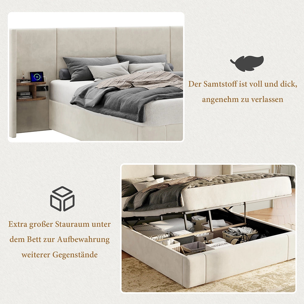 Letto imbottito idraulico 160x200 cm - Xylo - Orecchie larghe USB prese di corrente 2 comodini Velours Beige