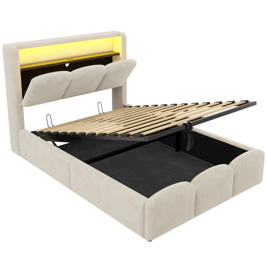 Letto per bambini 90x200 cm con vano idraulico; LED; USB e Type-C; struttura in velluto beige