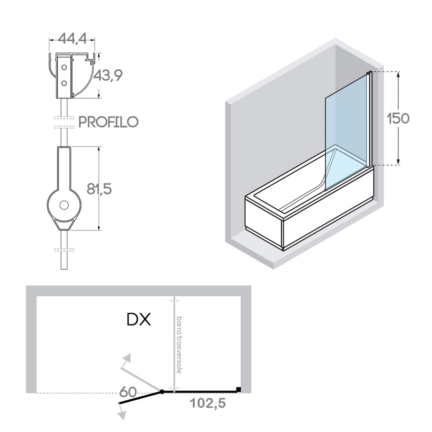 Sopravasca 165 CM Vetro a battente mod. Tirreno versione Destra profilo Bianco