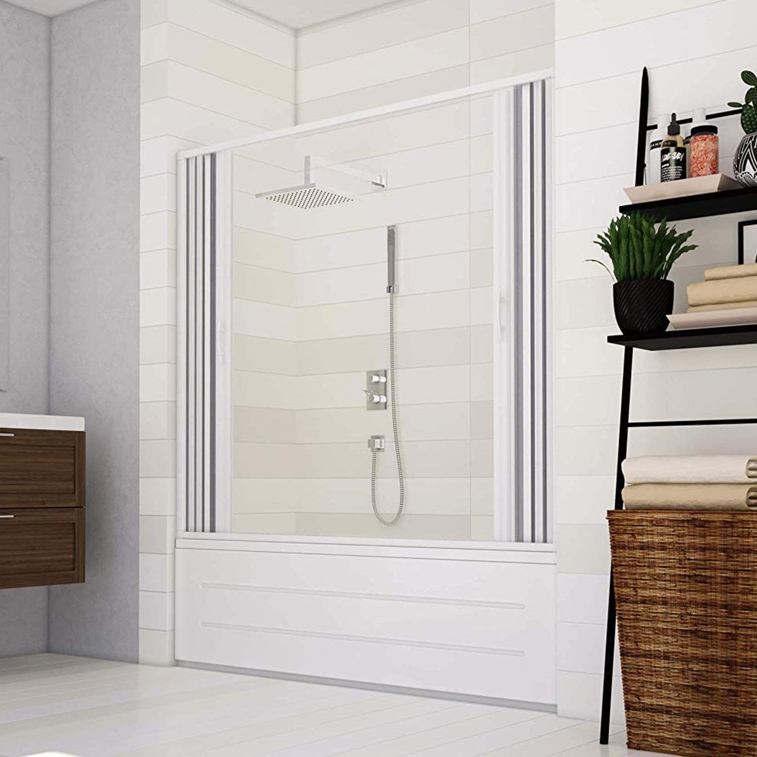 Porta Doccia Sopravasca 170 cm in PVC a soffietto con Apertura Centrale H 150 cm colore Bianco mod. Flex