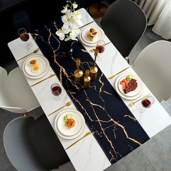 Tavolo da Cucina in Marmo Finto con Tessuto di Lino e Sottosella Antiscivolo - 40 x 140 cm