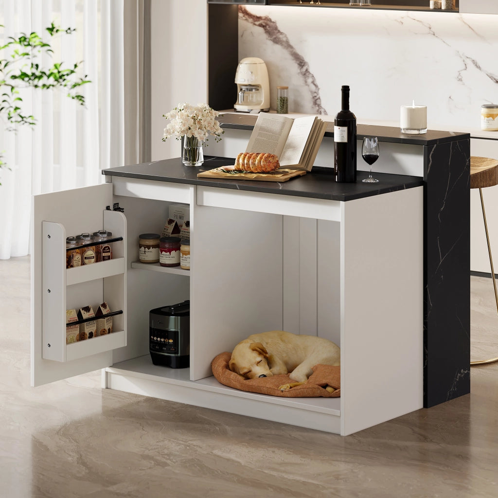 Isola cucina multifunzionale con bancone e area relax per animali, 120×80×100 cm, bianco e nero
