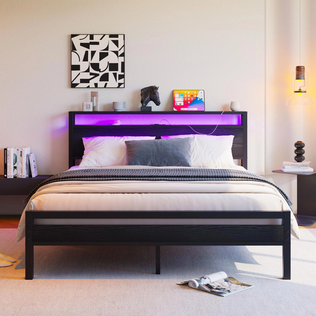 Letto 140x190 con contenitore, struttura in metallo, ricarica USB-C e illuminazione LED, letto moderno con ripiano testiera, nero