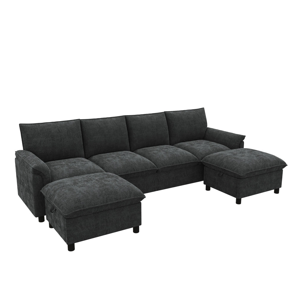 Divano con 2 pouf contenitore in ciniglia nero; 264;5x142;5x84 cm