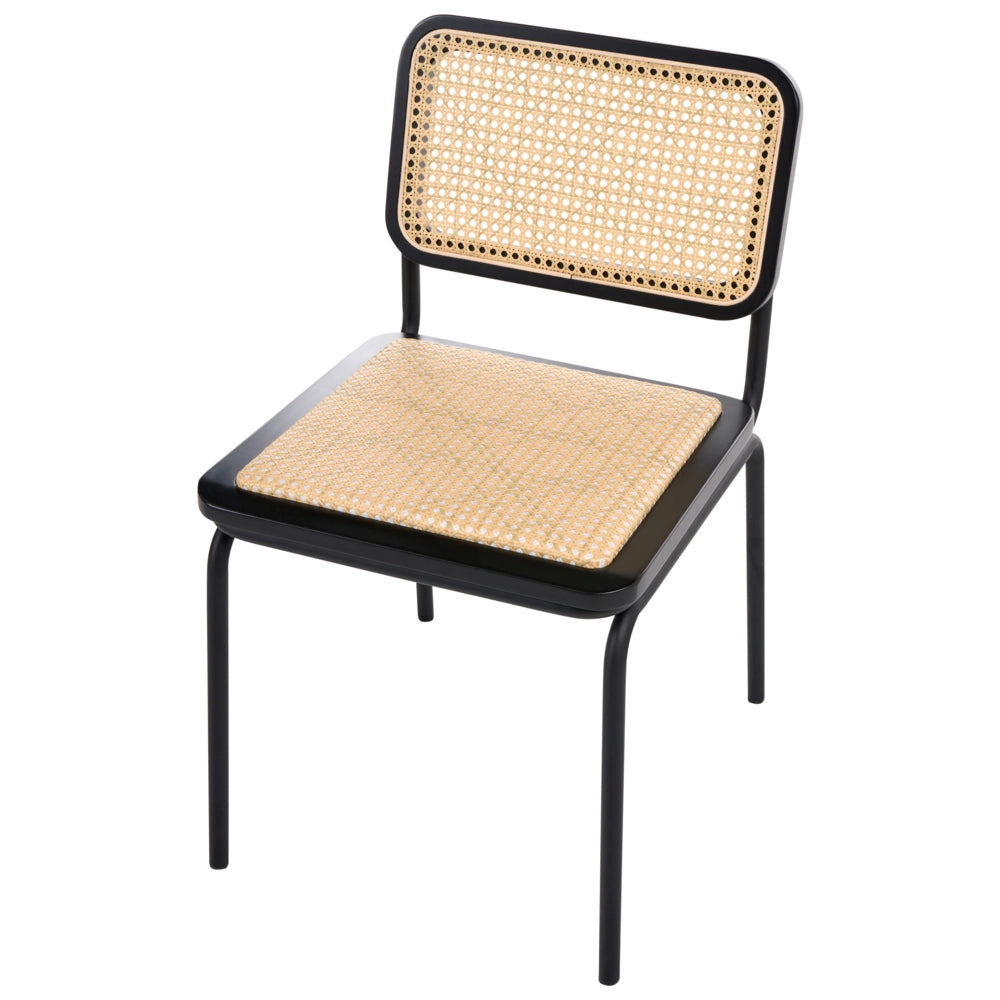 Set di 2 sedie da pranzo con seduta e schienale in rattan PE nero gambe in ferro senza braccioli cappucci protettivi design boho moderno