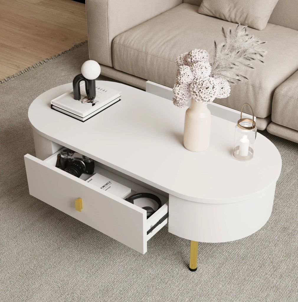 Tavolino da salotto 108x50x40 cm con 2 cassetti; MDF bianco e oro