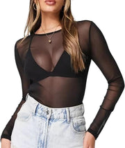 T-shirt da donna con maniche lunghe trasparenti, top superiore in mesh nero, tunica elegante per club.