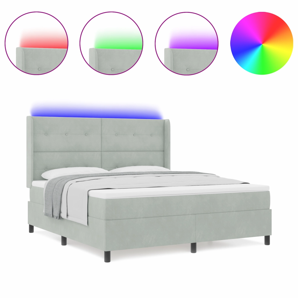 Letto Box Spring con Materasso e Luce LED Grigio Chiaro 180x200 cm Velluto