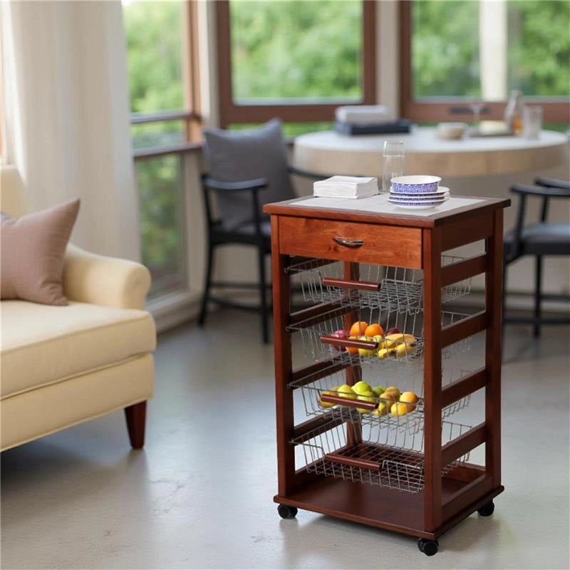 CARRELLO VESUVIO CON CASSETTO CILIEGIO INTERAMENTE IN FAGGIO E BASE INFERIORE IN BETULLA 1 CASSETTO PIANO MATTONELLE IN CERAMICA