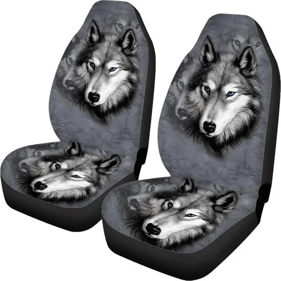 Accessori auto con animale / lupo, stampa con lupo grigio, copri-braccialetti + copri-cuscino + copri-sedile posteriore per sedile, copri-braccialetti, set completo di 4 pezzi, forma universale