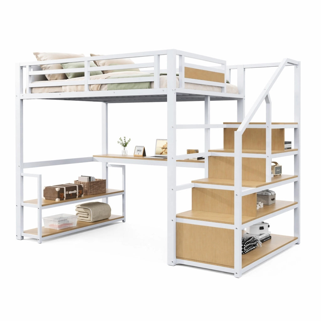 Letto a soppalco 140x200 cm in metallo con scala contenitore; ripiani e tavolo; bianco
