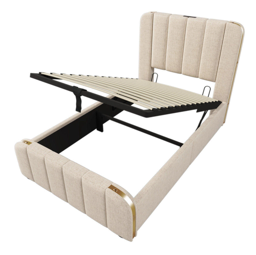 Letto singolo contenitore 90x200 cm con USB C e USB; testiera imbottita in lino beige