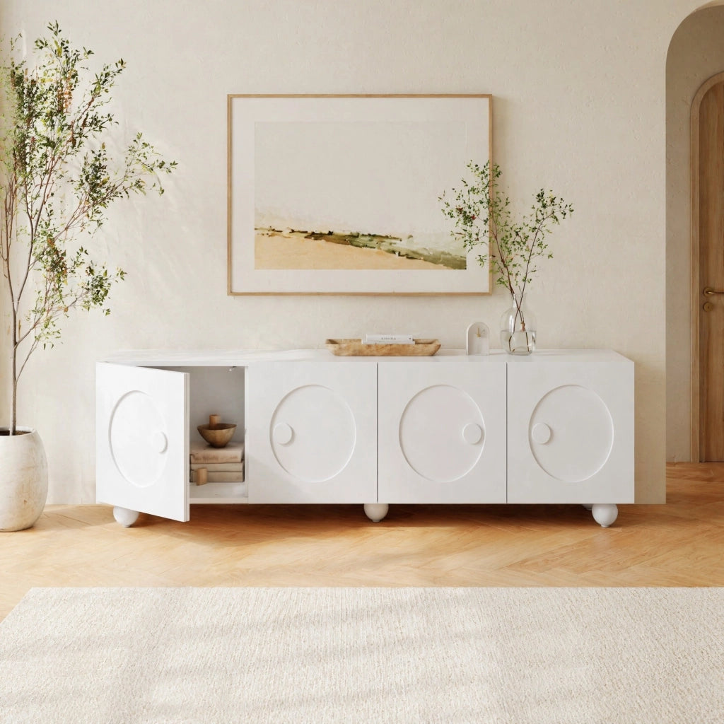 Mobile TV moderno bianco con ante in rilievo 3D, 180,5 x 38 x 50 cm