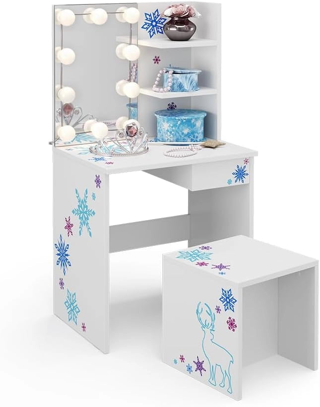 Tavolino da toilette per bambini Schneeflocke, Bianco, 54.8 cm con illuminazione a LED, adatto per la conservazione di cosmetici e accessori