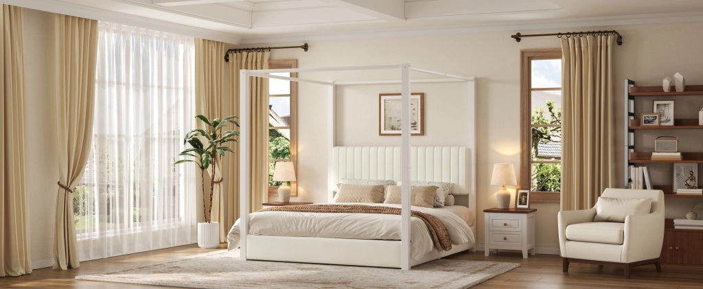 Letto matrimoniale 180 × 200 cm con struttura a baldacchino, testiera imbottita, senza materasso, in MDF e metallo, beige e bianco