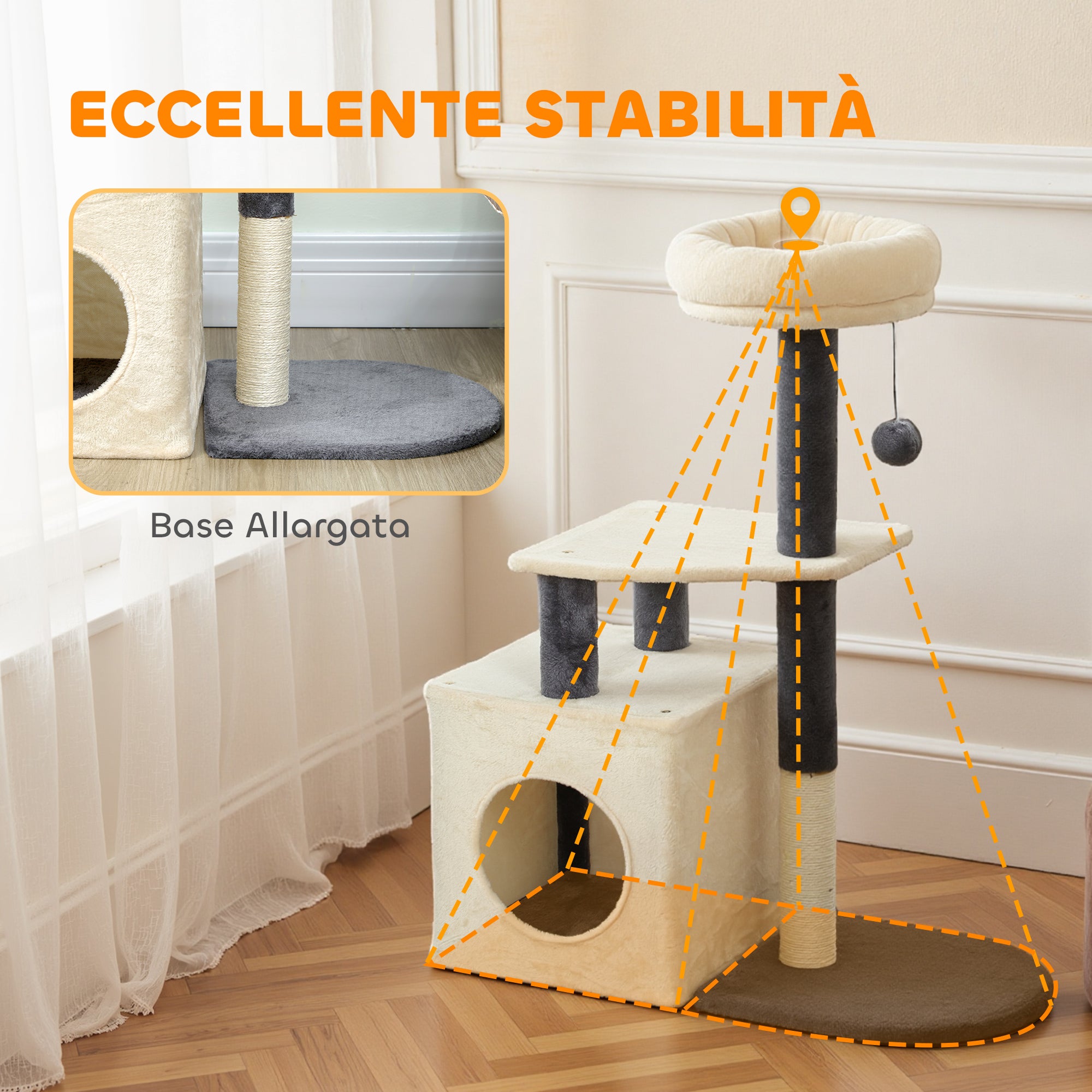 Albero Tiragraffi per Gatti Alto 92 cm con Casetta Lettino Pali in Sisal e Pallina Bianco Crema