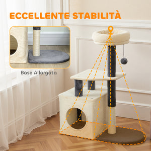 Albero Tiragraffi per Gatti Alto 92 cm con Casetta Lettino Pali in Sisal e Pallina Bianco Crema