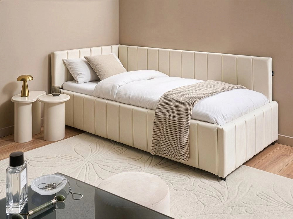 Letto 90 x 200 cm in velluto grigio-marrone rivestito e imbottito con elegante rete a doghe e gambe in legno