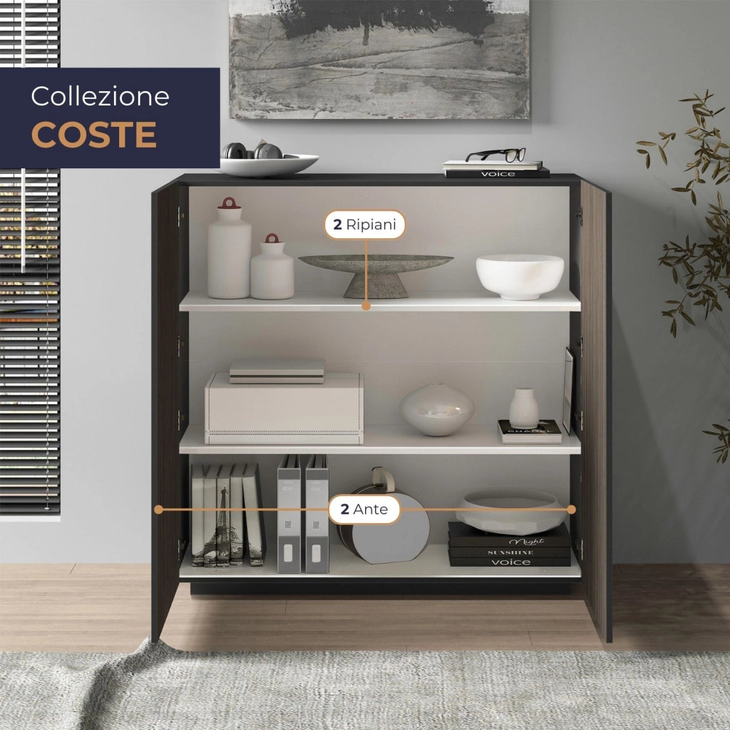 WHOUS Credenza Coste a 2 ante effetto cannetè antracite opaco e legno scuro 120x43x126 cm