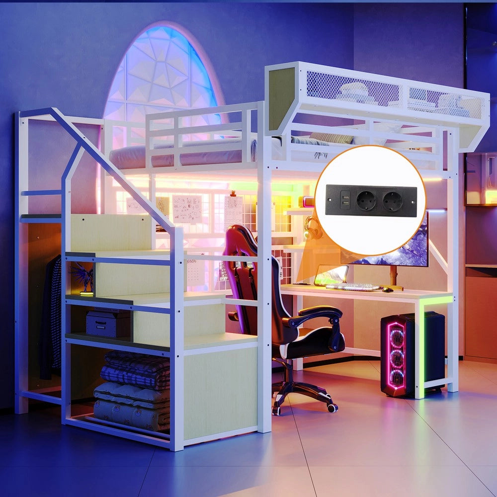 Letto a Soppalco con Scrivania ¨C Xylo ¨C Metallo, LED, Bianco, 140x200