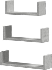 Tre scaffali in legno lavorato in grigio cemento - ripiano per foto - piano a sospensione