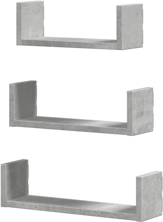 Tre scaffali in legno lavorato in grigio cemento - ripiano per foto - piano a sospensione