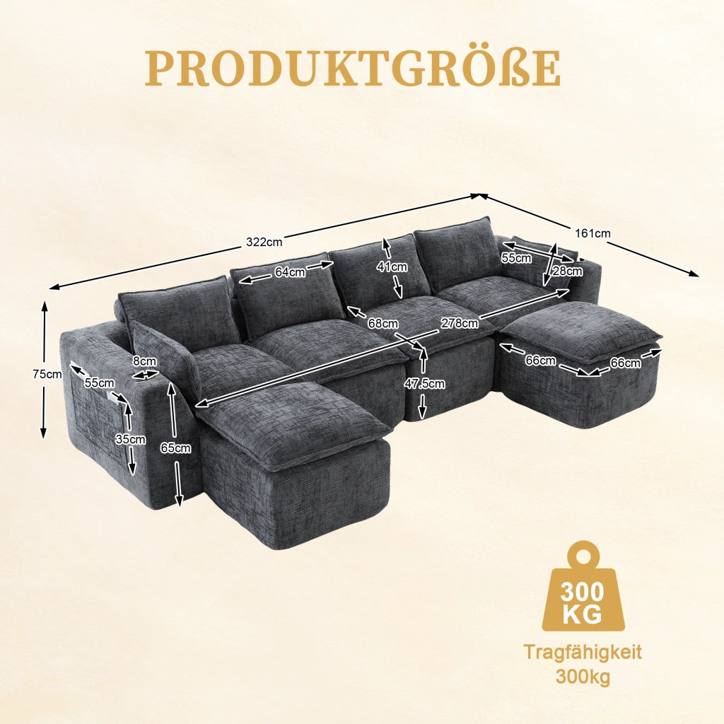 Divano modulare 4 posti con tasche laterali e cuscini in tessuto chenille grigio scuro per salotto 322 × 161 × 75 cm